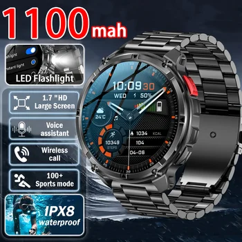 ساعة ذكية للرجال بشاشة 1.7 بوصة مع مصباح LED طراز HT33، مكالمات بلوتوث، بوصلة للرياضات الخارجية، مراقبة الصحة، بطارية كبيرة 1100 مللي أمبير 1