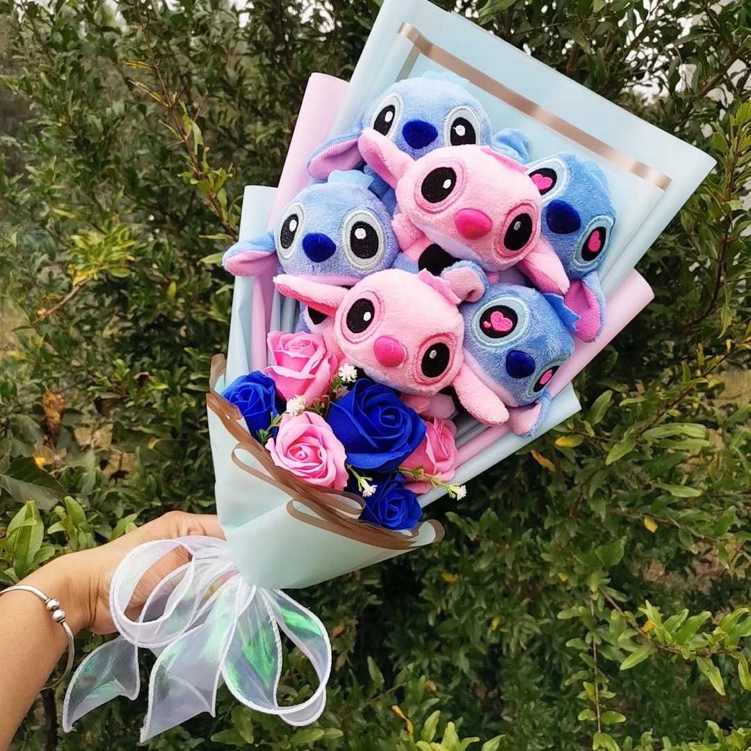 Anime Stitch Stellalou Plush With Flowers Creative Handmade Bouquet Stuffed Animals Valentine Christmas Graduation Gift 3