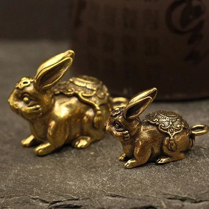 Chinese New Year Brass Zodiac Lucky Rabbit Statue Ornament Key Chain Pendant Figurine Home Office Decorations 2023