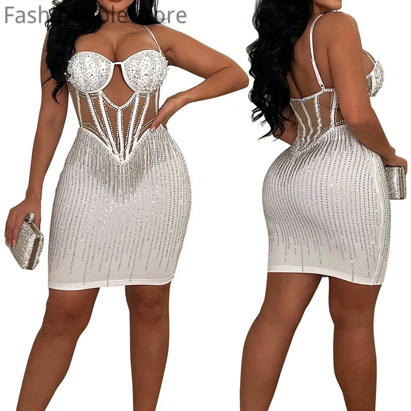 

Women Mesh Rhinestone Hollow Out Sleeveless Party Dress Spaghetti Strap Backless Night Club Dresses