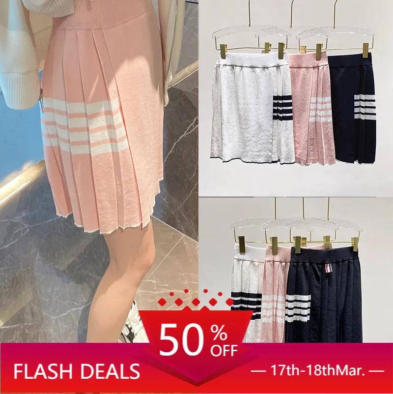 

TB Pleated Skirt Preppy Style High Waist Shows Thin Knitted Ice Silk Four-bar Stripe A-line Skirt Drape Age-reducing Summer