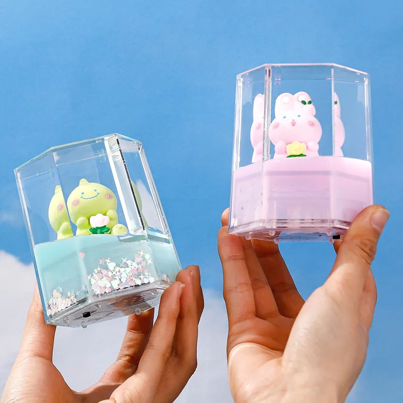 

1Pcs Style Random Cartoon Cute Pet Doll Oil Music Box Color Light Series Hourglass Floating Oil Drop Desktop Decoration Crafts