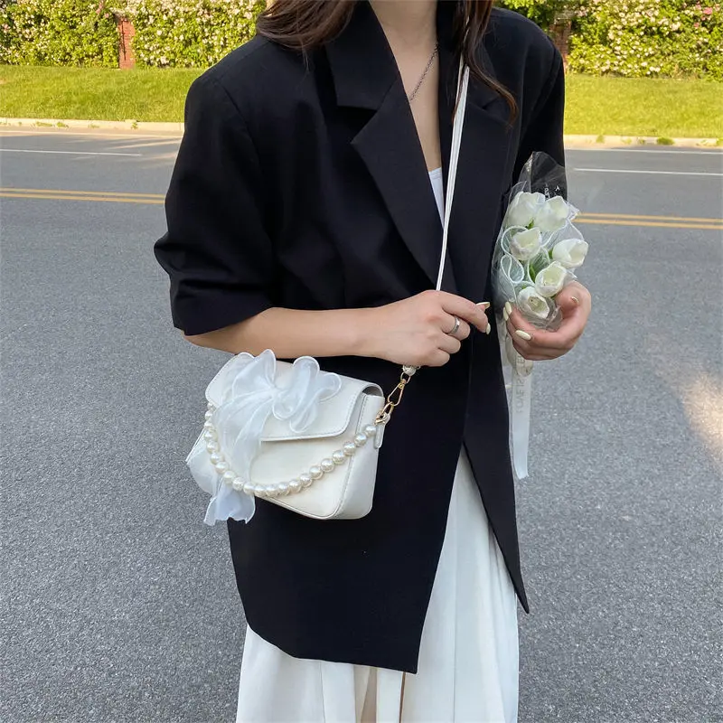 Pearl Lace Bow Collocation PU Leather Small Bags for Women Daily Use Handbag Shoulder Cross Body Bags, Teen Girls Phone Pouch