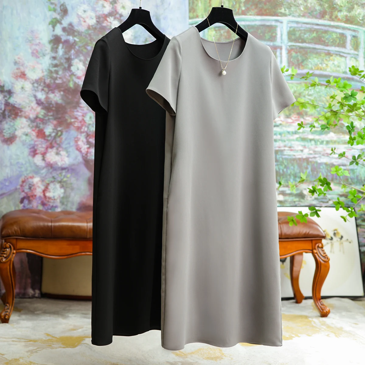 

High Quality Loose Acetate Mid-length Dress 2023 Summer New Simple Solid Color Temperament Mid-length Dress Slim Women Clothing