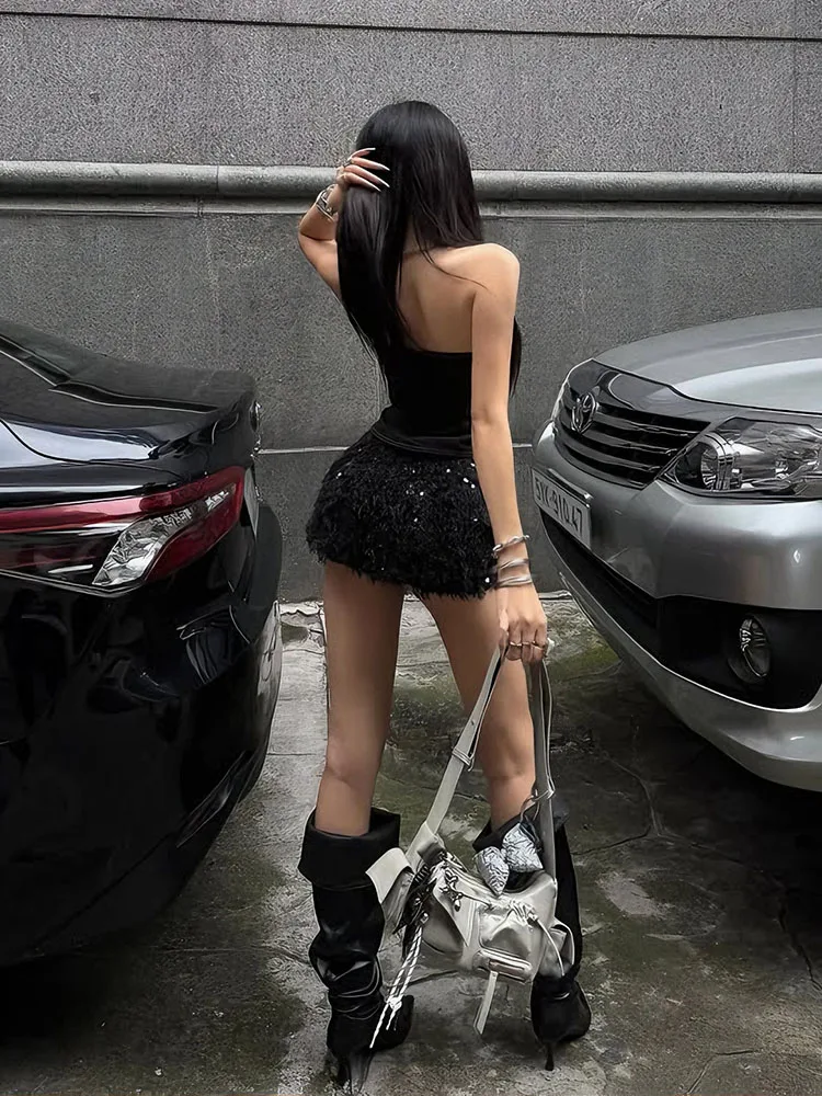 Nibber Classic Shirring Tank Tops Women Sexy Backless Sleeveless Patchwork Trend Stretch Skinny Club Wild Hottie Street Vest