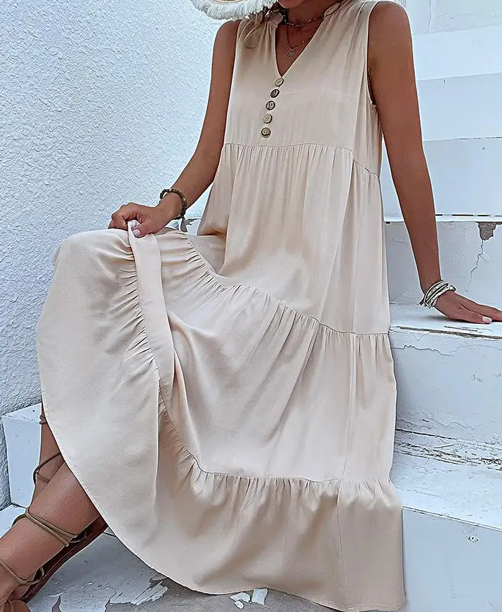 

Sleeveless Buttoned Ruched Smock Casual Female Clothing Dress