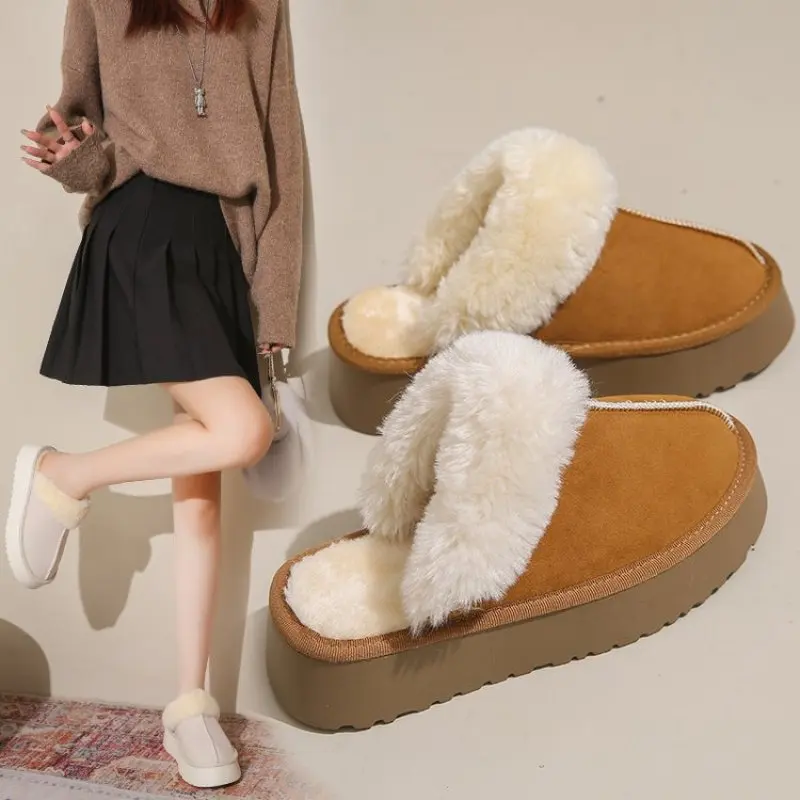 Fur Slippers Women Winter Plush Sandals  Luxury Slip on Platform Slides Female Thick Sole Designer Cotton Home Shoes Plus Size