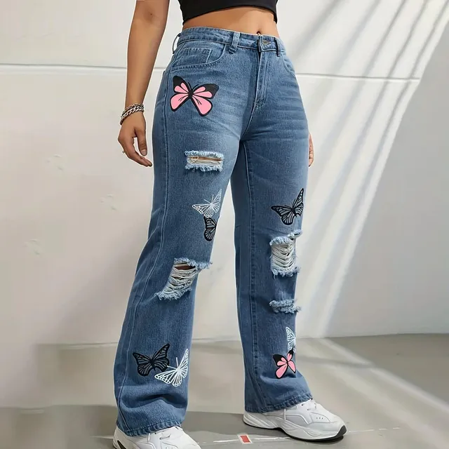 Women's High Waist Button Up Butterfly Print Jeans Fashion Casual Straight Pants for Women Spring Summer 2024 Chic Ripped Jeans 2