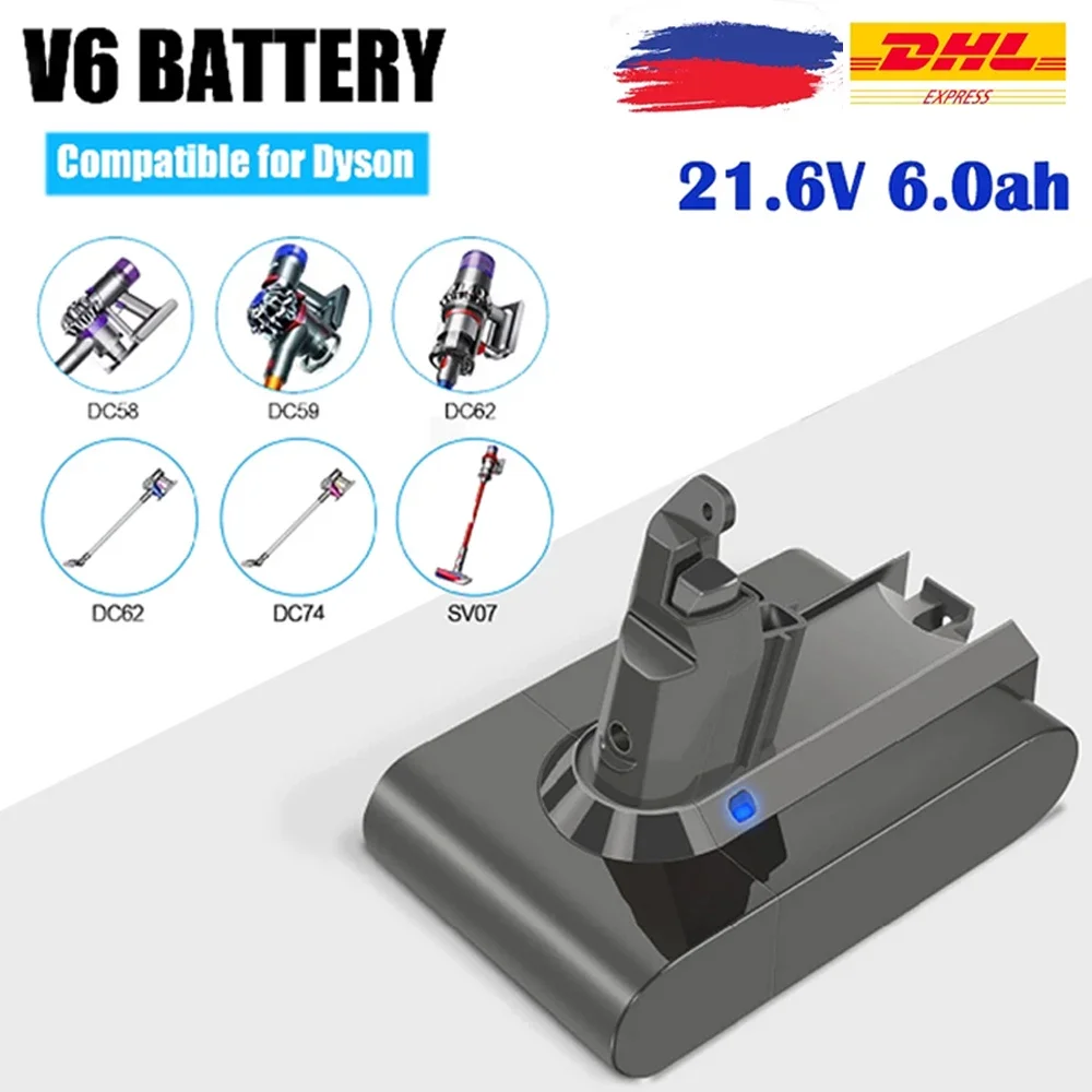 Batteria Al Litio 21.6V 6000Mah Per Dyson V6 Dc62 Dc58 Dc59 Sv09 Sv07 Sv03 Sv05 Dc74 965874-02 Fluffy Trigger Animal
