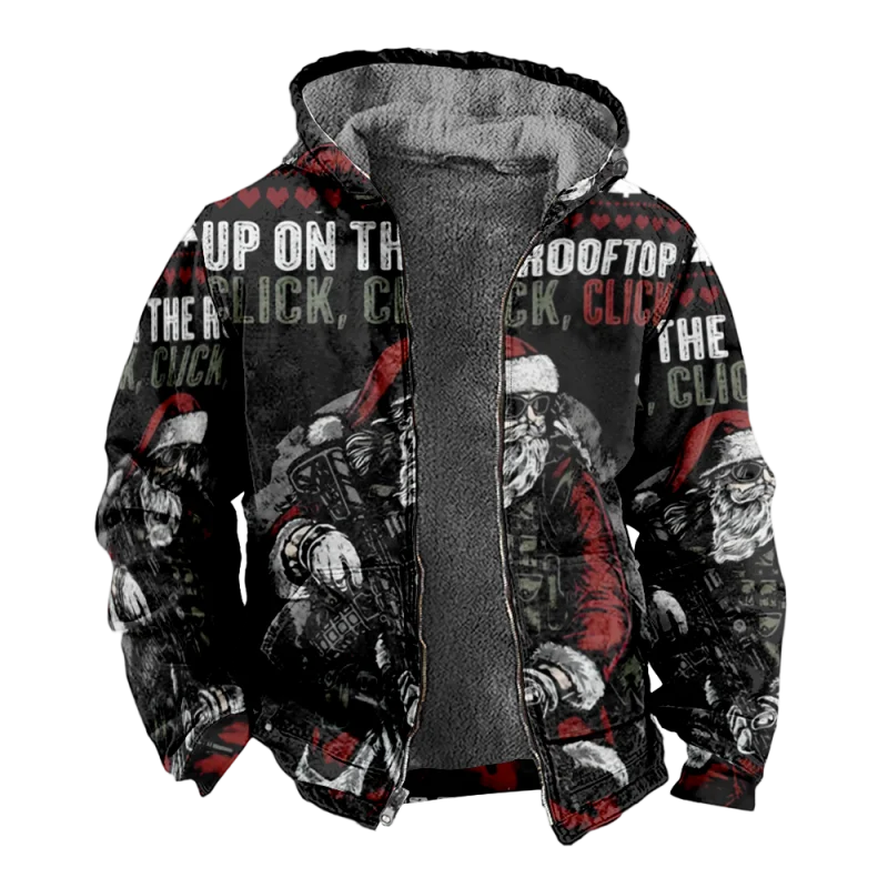 Christmas Cotton Coat Hooded Sweater Casual Print Men's Fur Loop Arctic Velvet Zipper Patch Pocket Hooded Sweater a06