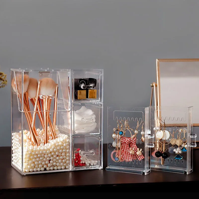 Clear Makeup Brush Organizer, Storage Rack with Drawers, Storage Box with Lid and Pearls for Storing Makeup Tools and Jewelry 3