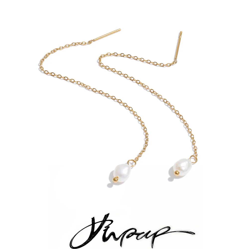 Yhpup Earrings Stainless Steel Natural Pearls Long Hanging