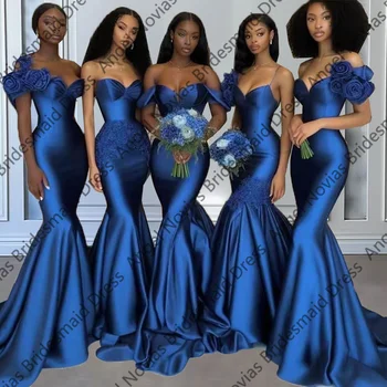 Abiti da damigella d'onore blu royal a sirena lunga per matrimoni Abito da festa con spalle scoperte Abiti da festa eleganti personalizzati