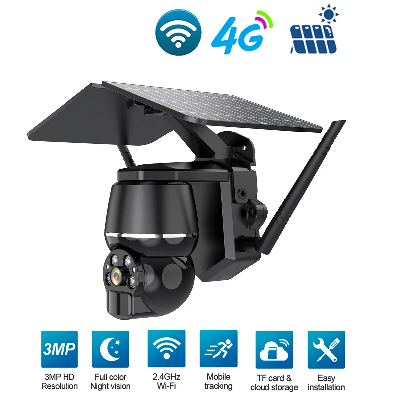 Flexible Solar Panel Wifi Surveillance Cameras 4G Wireless Outdoor Solar Camera Home Surveillance 3MP Color Night Vision ICam+