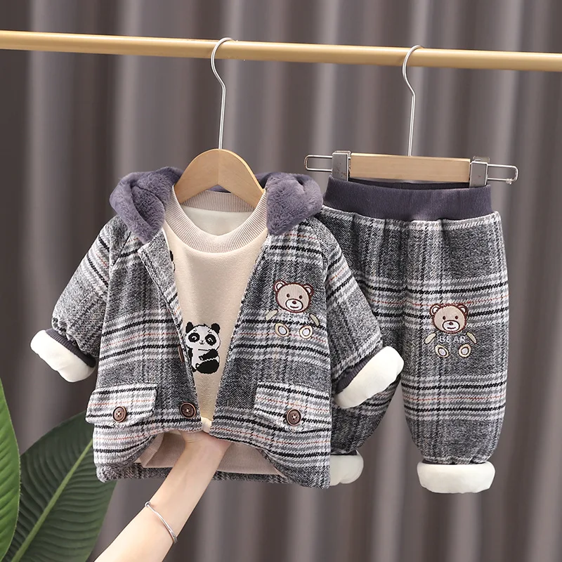 

Toddler Kids Clothing Set Baby Boys Winter Cotton Padded Clothes Plus Velvet Hooded Set Plush Outerwear 3pc Suits 80-110