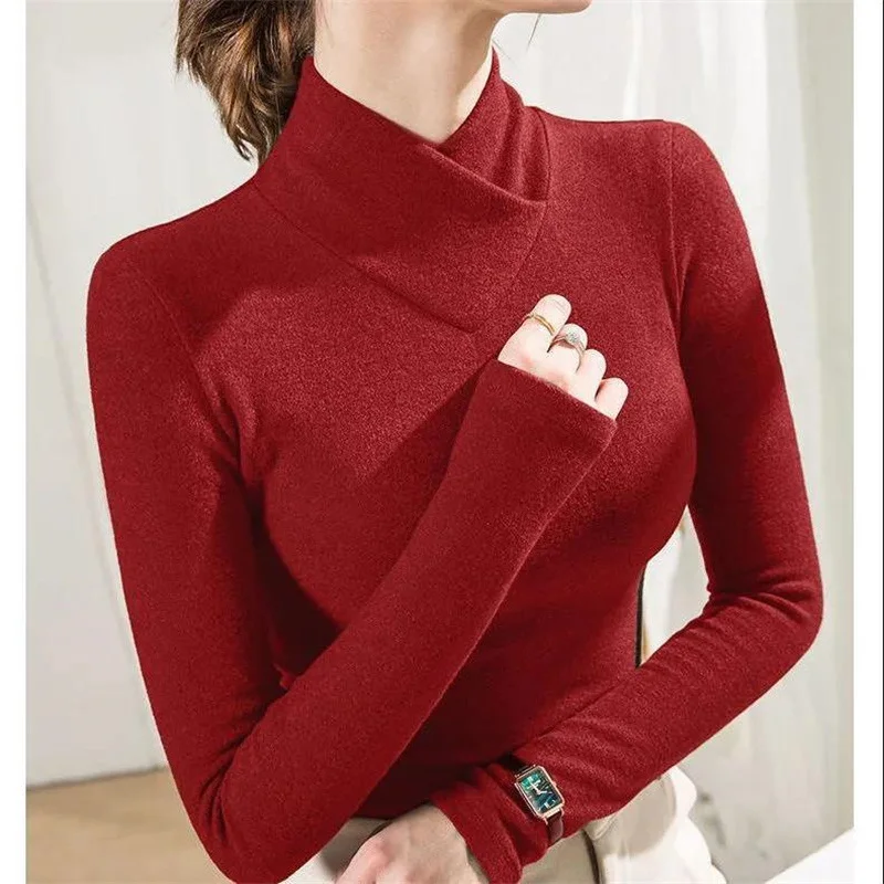 Korean Fashion Elegant Thick Warm Half High Collar Basic T Shirt Women Autumn Winter Solid Slim Long Sleeve Ladies Tops Clothes