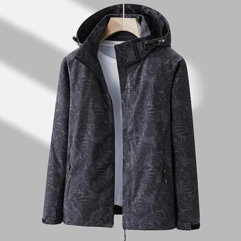 Women Printed Jacket Stylish Leaf Print Women's Windbreaker with Hooded Zipper Pockets Waterproof Breathable Outdoor for Fall fleece tactical men s jacket winter stand collar multi pockets military field jackets outerwear outdoor work warm coat clothing