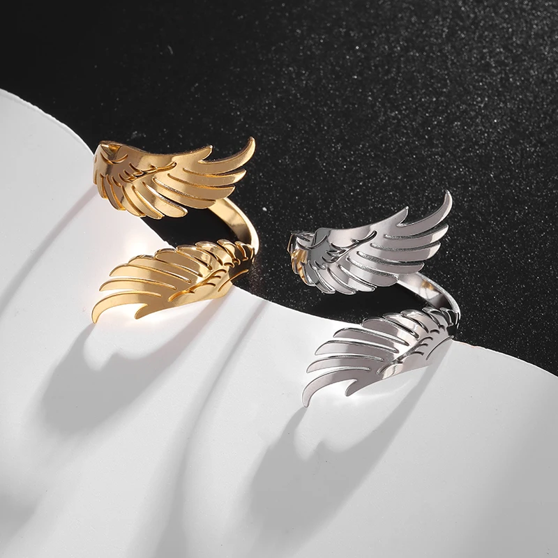 

Stainless Steel Exquisite Angel Wings Ring Opening Adjustable Feather Ring for Women Men Daily Party Luxury Jewelry Gift