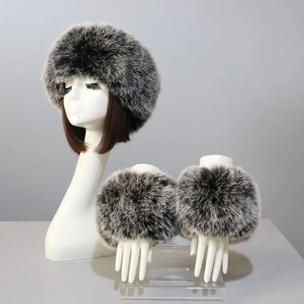 Women Headband Gloves Solid Color Faux Fur Furry Empty Top Hat Wrist Sleeves 1 Set For Outdoor