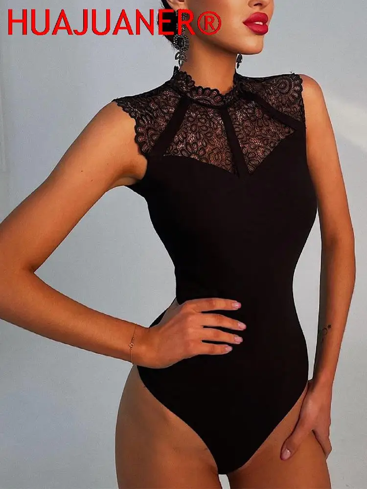 Women Sexy Black Lace Bodysuits Rompers Sleeveless Slinky New Fashion Bodycon Wrap Bodysuit 3