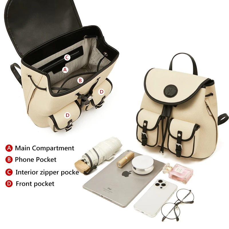FOXER Fashion Lady Soft PU Leather Drawstring Backpack Women's Large Capacity Commuter Handbag Student's Preppy Travel Schoolbag