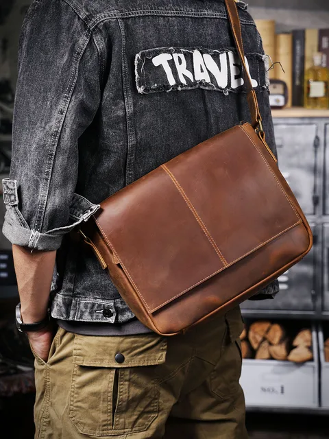 simple vintage handmade crazy horse cowhide men's messenger bag outdoor work commuter genuine leather youth shoulder bag 3