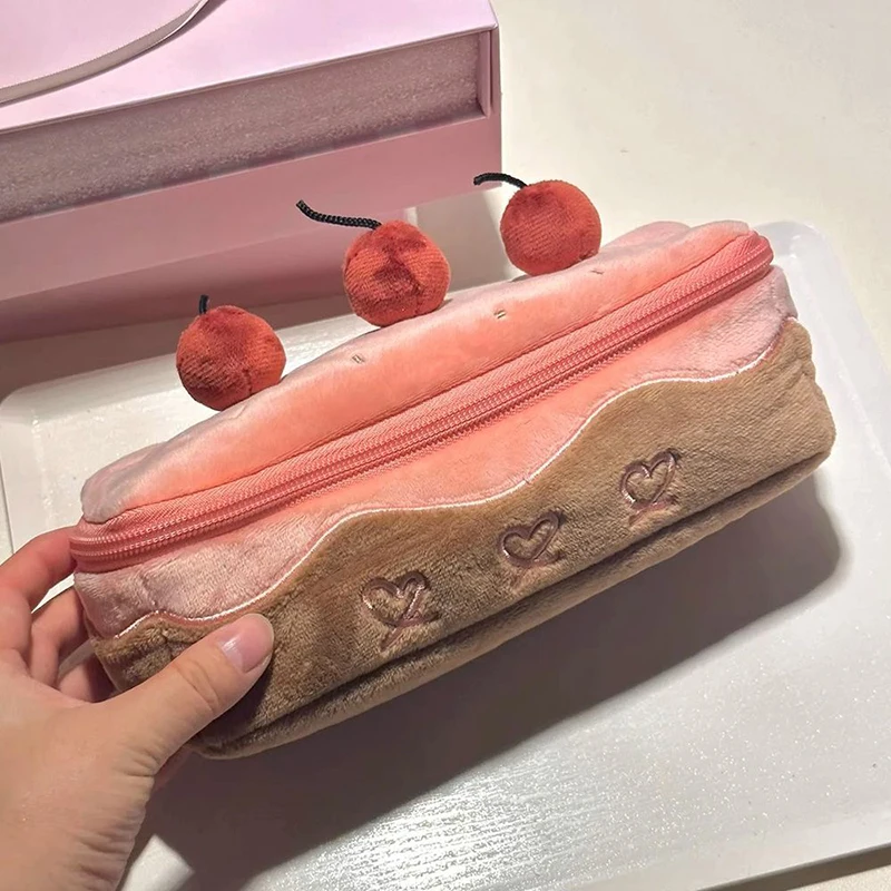 귀여운 봉제 체리 케이크 펜 가방, 절묘한 대용량 학생 연필 파우치, 문구 보관 가방
