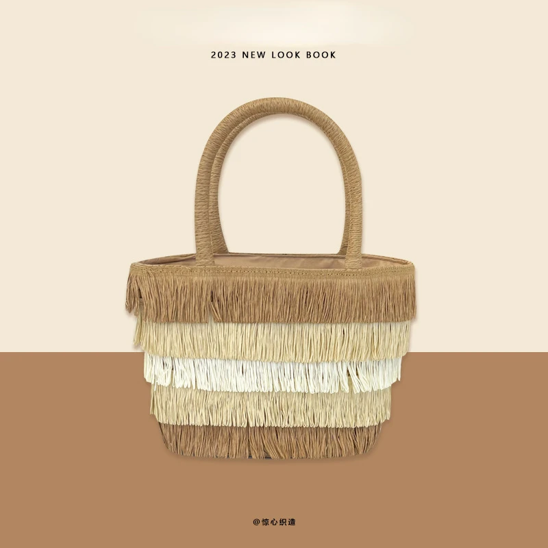 

High-end Niche Straw Woven Bag Fringed Bag Women's Summer Vacation Handbag Papyrus Niche Bucket Bag