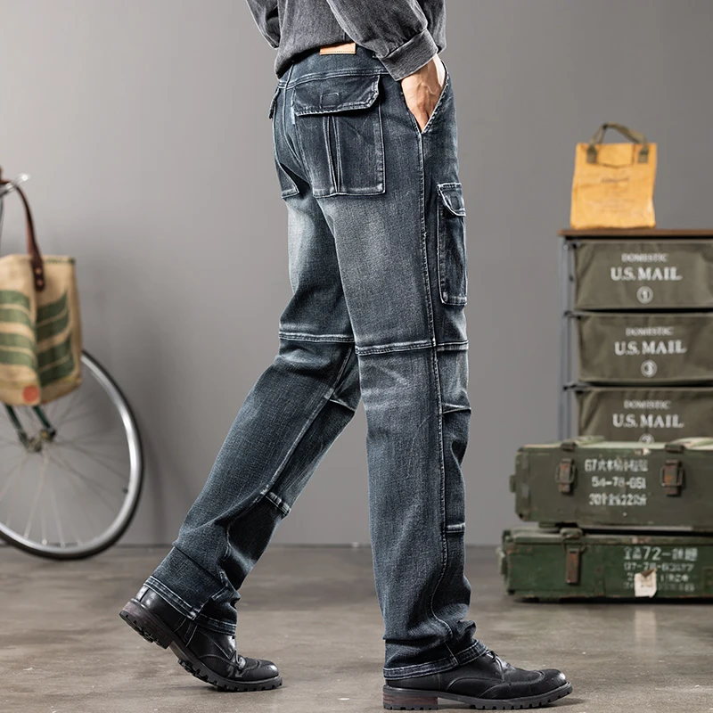 Autumn and winter new styles Men's Outdoor Wide Leg Workwear Multi-Pocket Jeans Straight fit plus size men's jeans  42 44 4
