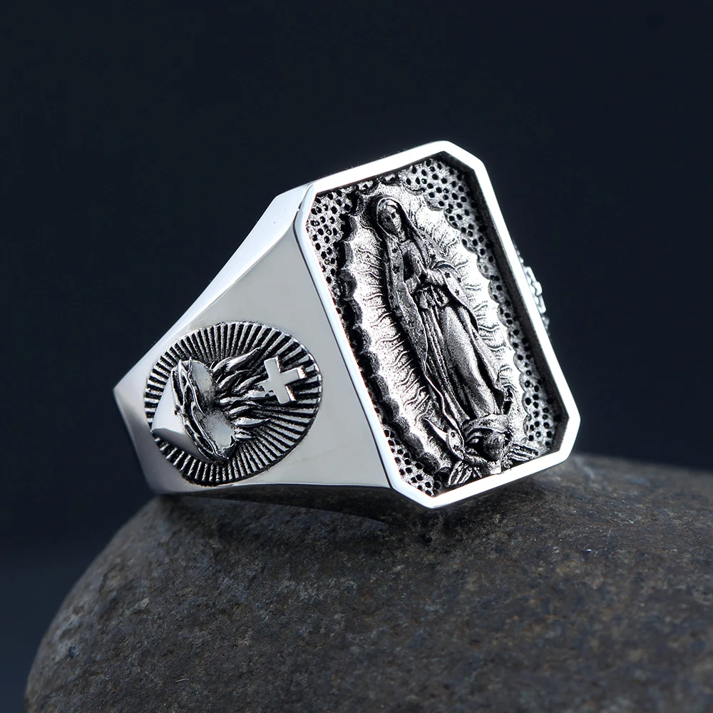 The Heart of Our Lady Virgin Mary Sacred Heart Of Jesus Pray And Faith Sterling Silver Ring 3