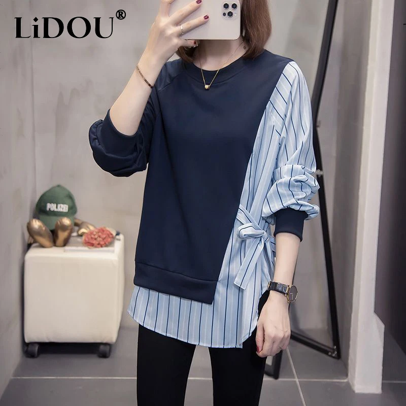 Autumn Winter Oversized Casual Fashion Fake Two Pieces Striped Patchwork Sweatshirt Ladies Loose All-match Pullover Top Women