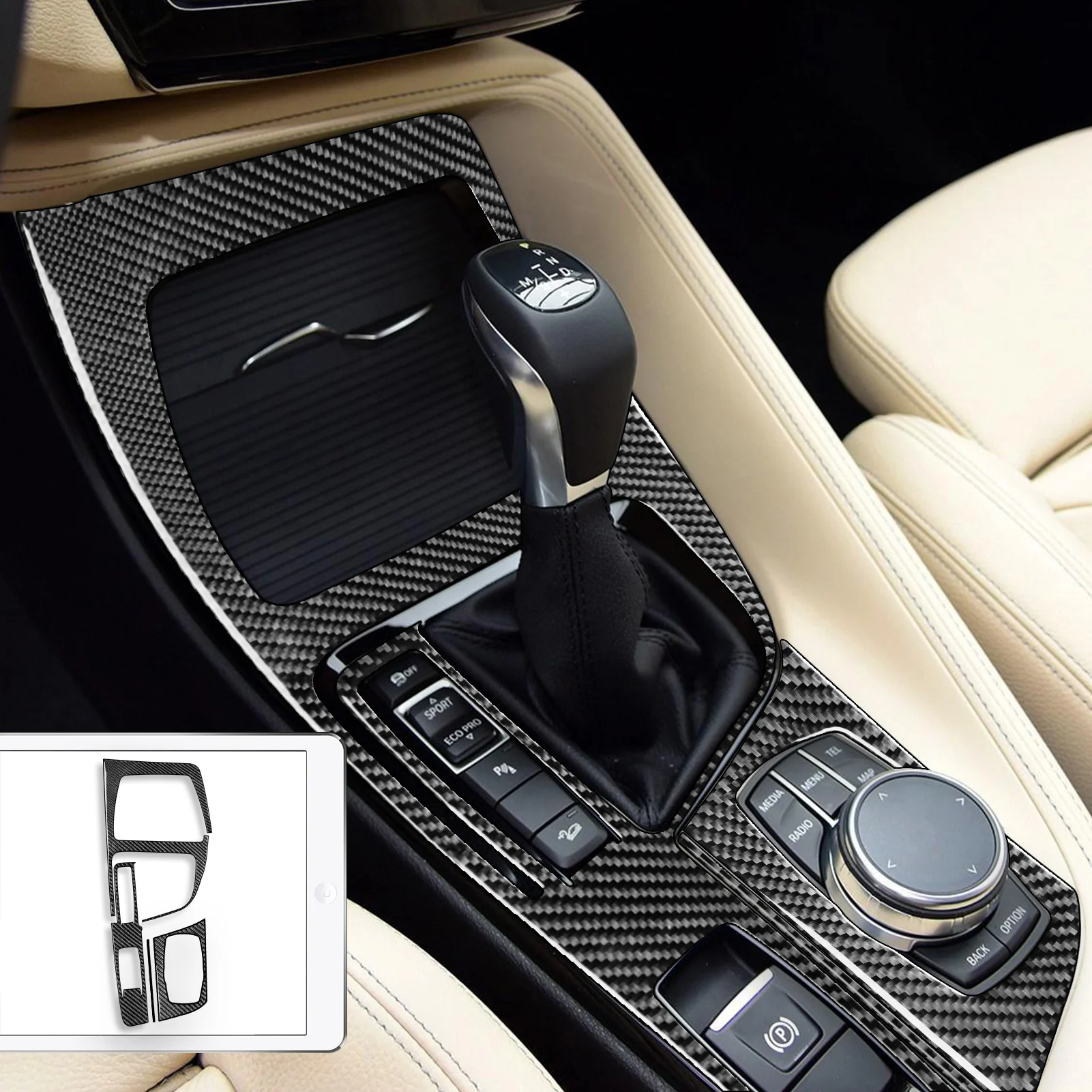 BMW X1 F48 X2 F39 2016-2021용 카본 파이버 스티커 자동차 액세서리 콘솔 CD 컨트롤 패널 기어 시프트 커버 내비게이션 프레임
