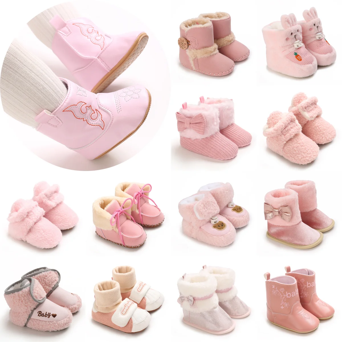 PINK Super Cute Winter Snow Baby Boots Cute Bear Warm Booties For Kids Soft Sole Infant Newborn Toddler Baby Girl Shoes 1