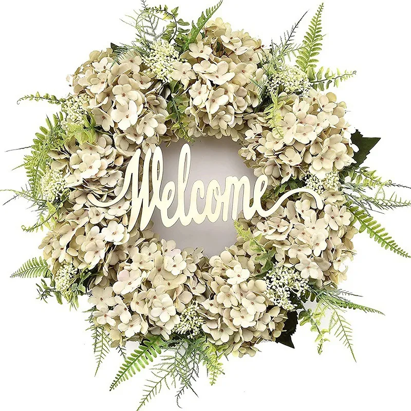 thumbnail image 1 of Corona de hortensias artificiales de 40 cm, guirnalda para el hogar, decoración de puerta de entrada, fondo de pared, decoración navideña, corona de hola, 1 of 5