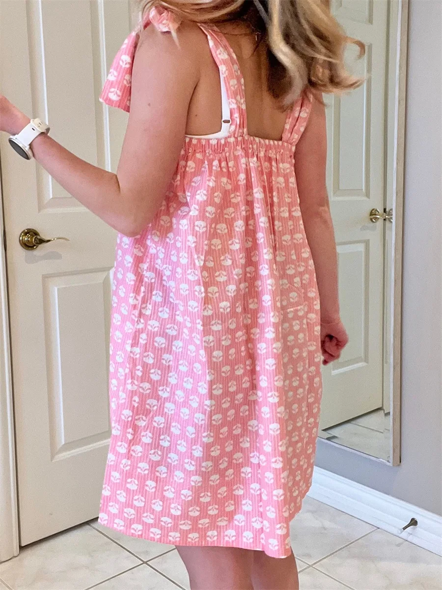 Women s Casual Sleeveless Leaf Print Mini Dress with Tie-Shoulder Detail and Loose A-Line Fit for Stylish Lounge Wear