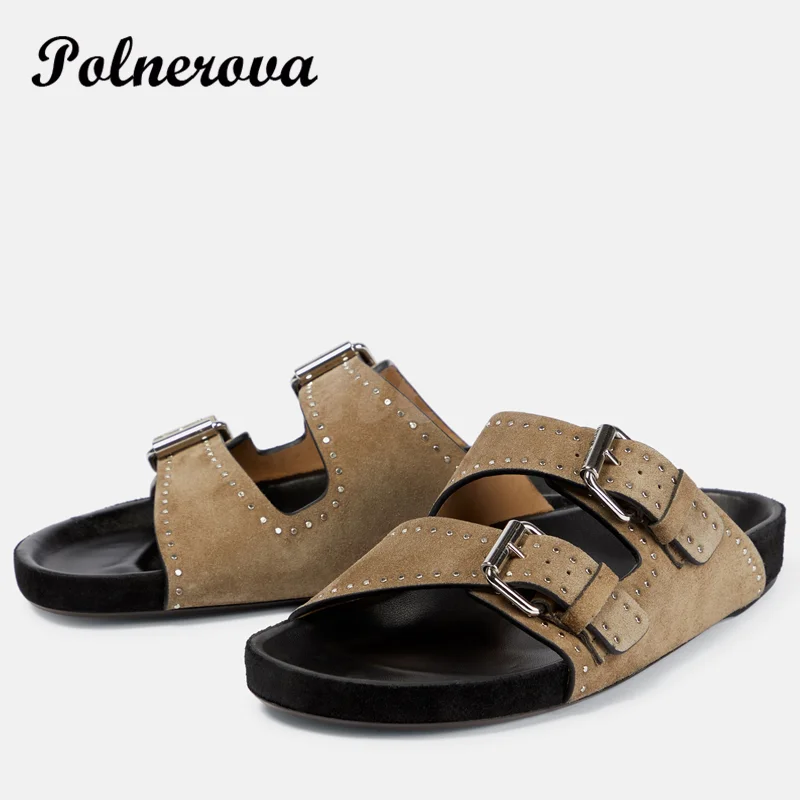 Fashion Rivet Leather Flat Comfortable Slippers Outerwear Beach Shoes Women's Vacation Flip Flops Comfortable Casual Sandals