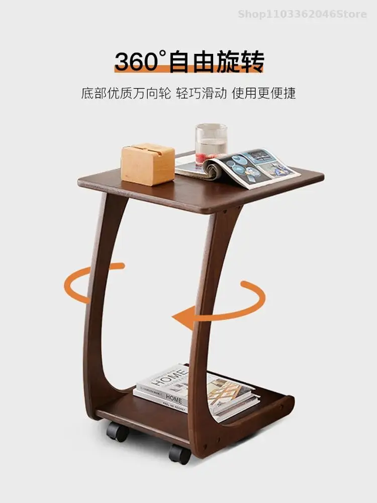 Solid Wood Sofa Side Table Cabinet Movable Table With Wheels Mini Coffee Living Room Small Apartment Household Square