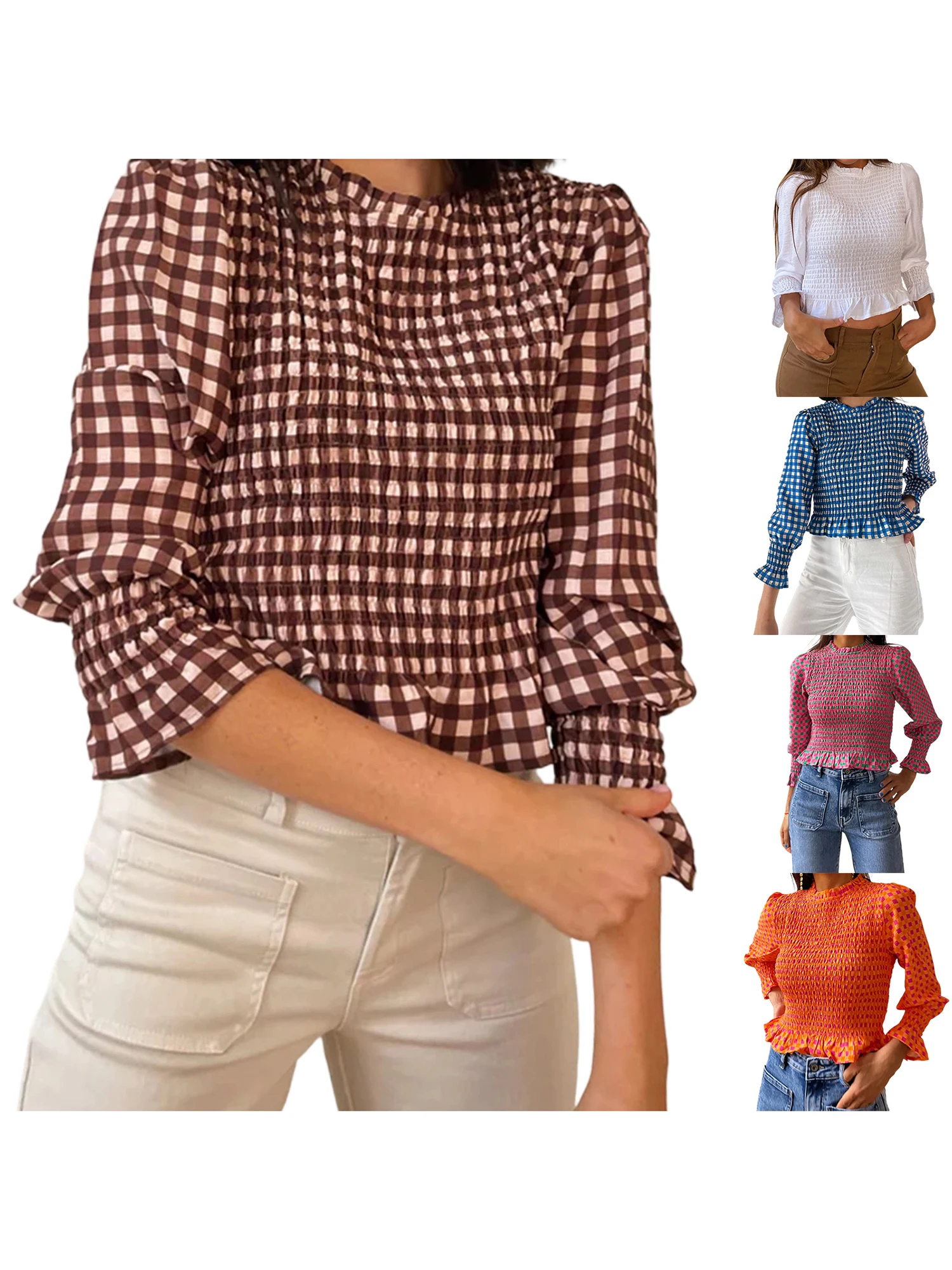 Stylish Women s Plaid Blouse with Round Neckline and Smocked Detailing Featuring Bubble 3 4 Sleeves and Ruffled Design