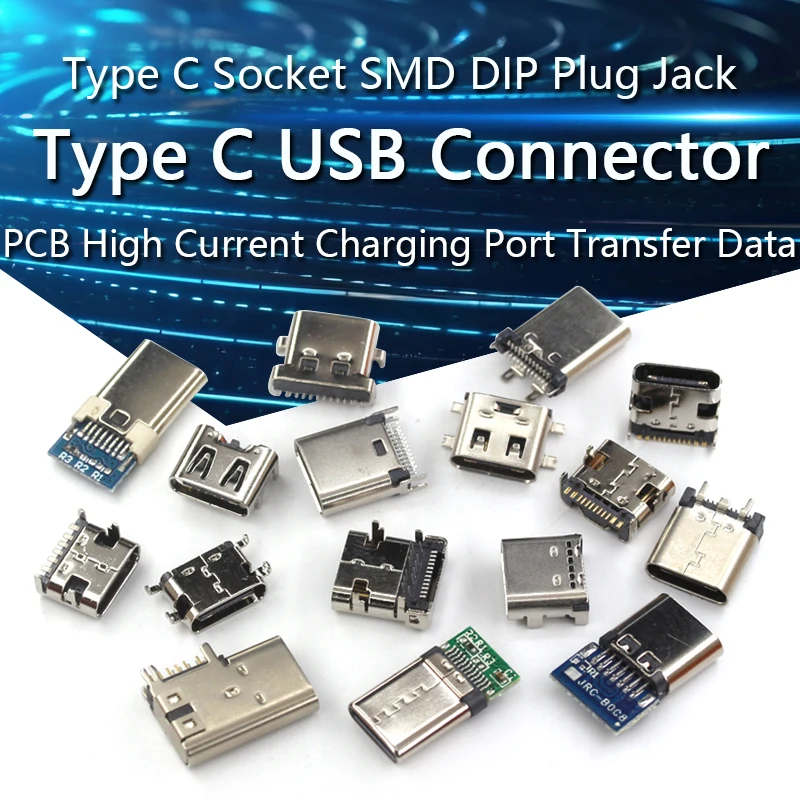 

5PCS Type C USB 3.1 6 14 16 24 Pin Connector Type-C Socket SMD DIP Female Jack For PCB High Current Charging Port Transfer Data