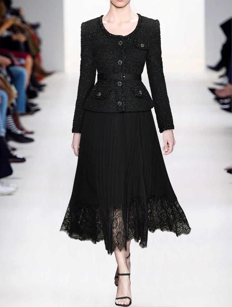 

Дизайнерское модное платье QHZ, осенне-зимнее женское ретро платье с длинными рукавами, пуговицами и поясом, приталенное пальто, плиссированное кружевное вечернее платье миди