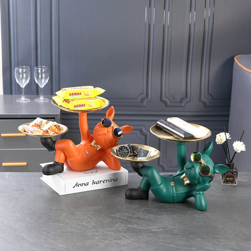

Dog Statue Black 2 Metal Trays with Cute Glasses French Bulldog Figurine Sculptures Home Decor Gift