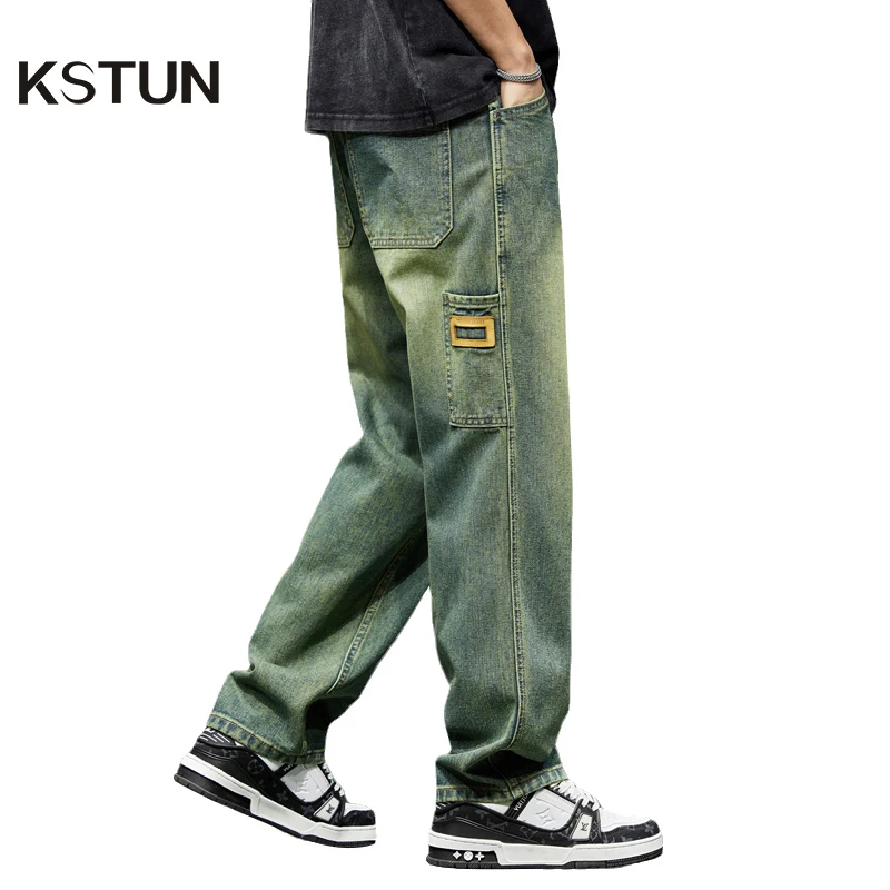 Men jeans Wide Leg Loose Baggy Denim Trousers Green Summer 42