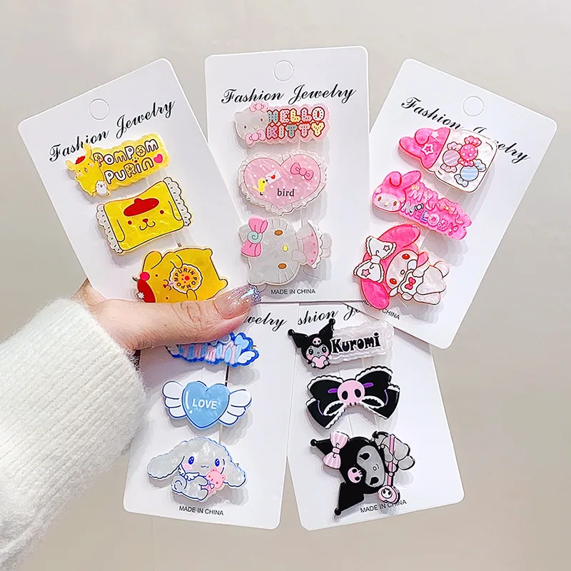 

3Pcs Cute Sanrio Girls Hair Clips Hello Kitty Bangs Clip Cinnamoroll Hairpin Kuromi My Melody Duckbill Clip Hair Accessory Gift