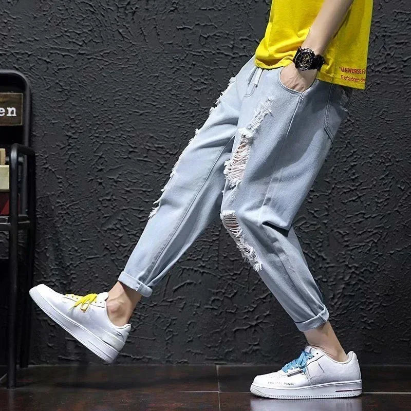 Loose Male Cowboy Pants Cropped Trousers Ripped Broken with Holes Men's Jeans Baggy Torn Japanese Street Style Korean Trend