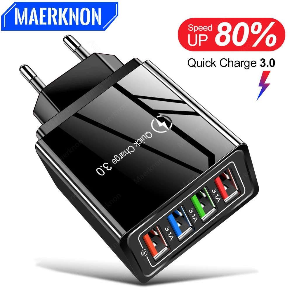 

USB Charger Quick Charge 3.0 EU/US Plug 4 Port USB Charger Fast Charging For iPhone 13 12 Pro Tablet Portable Wall Phone Charger