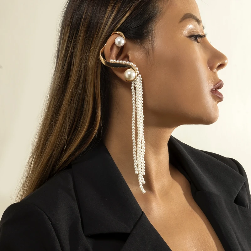 

2022 New Jewelry Accessories Imitation Pearl Tassel Women's Earrings Metal S-shaped Temperament Ear Hanging Ear Clip 1pc
