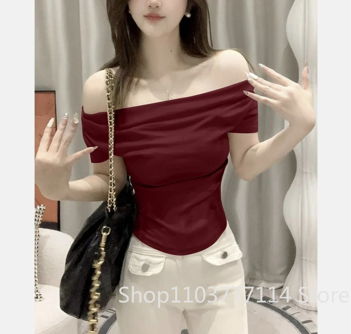 Summer Off Shoulder Top Women Summer Fashion Versatile Base Shirt Plus Size Slim Fit Short-sleeved T-shirt Casual and Sexy Beach