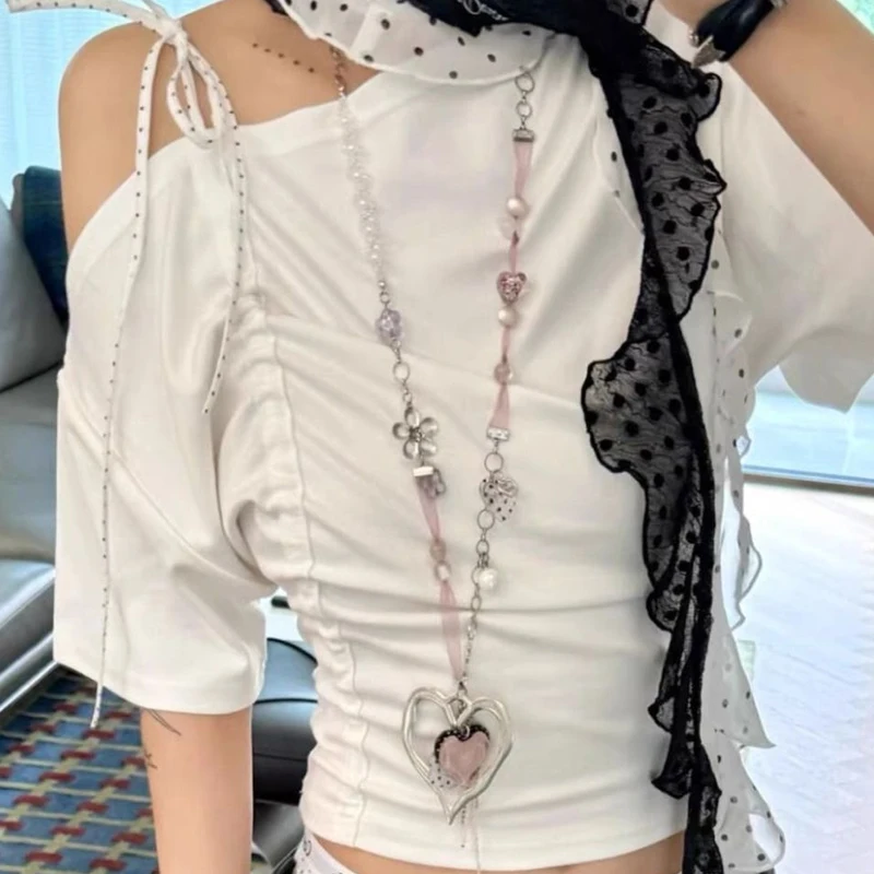 Y2K Jewelry Pink Heart Polka Dot Flower Pendant Necklace for Women Vintage Kawaii Accessories Chain Punk Korean Fashion Necklace 4