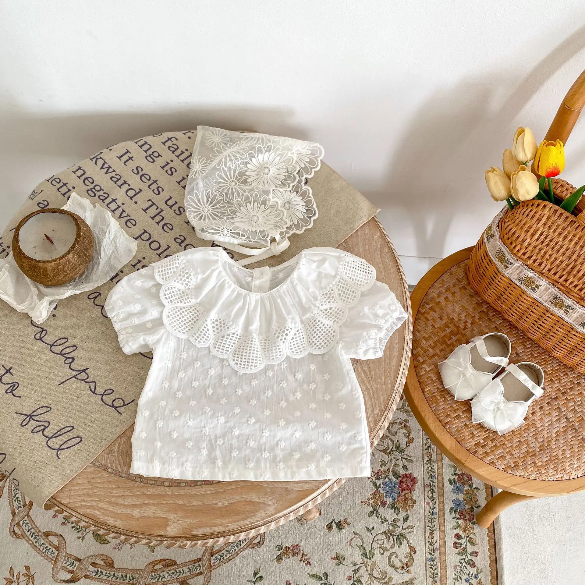 Summer Baby Girl Baby Trend Sweet Everything Solid Color Big Lace Collar Embroidery Small Flower Bubble Short Sleeve Blouse Base baby girl clothes kids bottoming shirt