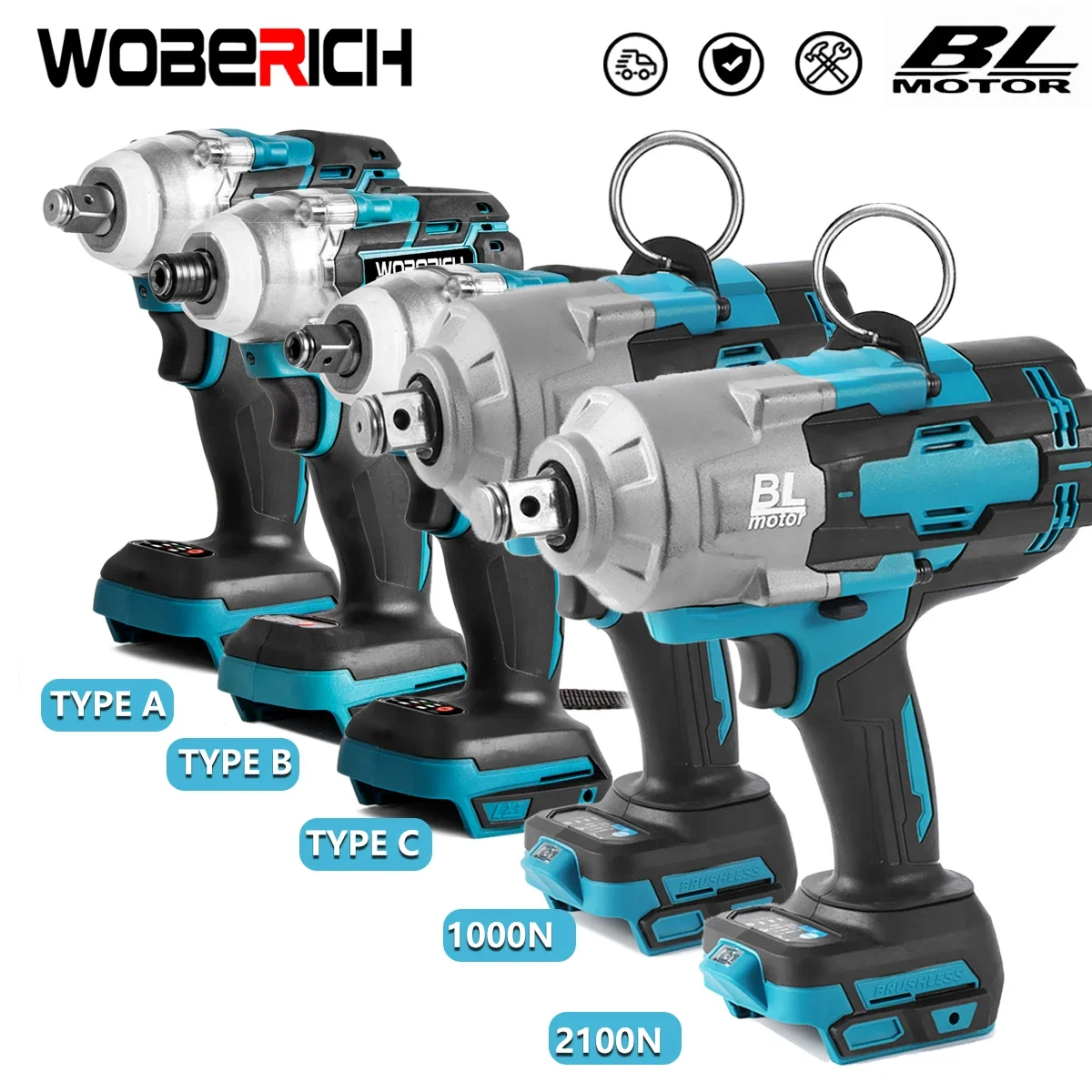 WOBERICH 350 2000N M torque brushless electric impact wrench 1 2 inch screwdriver cordless wrench power tool Makita 18V battery pin